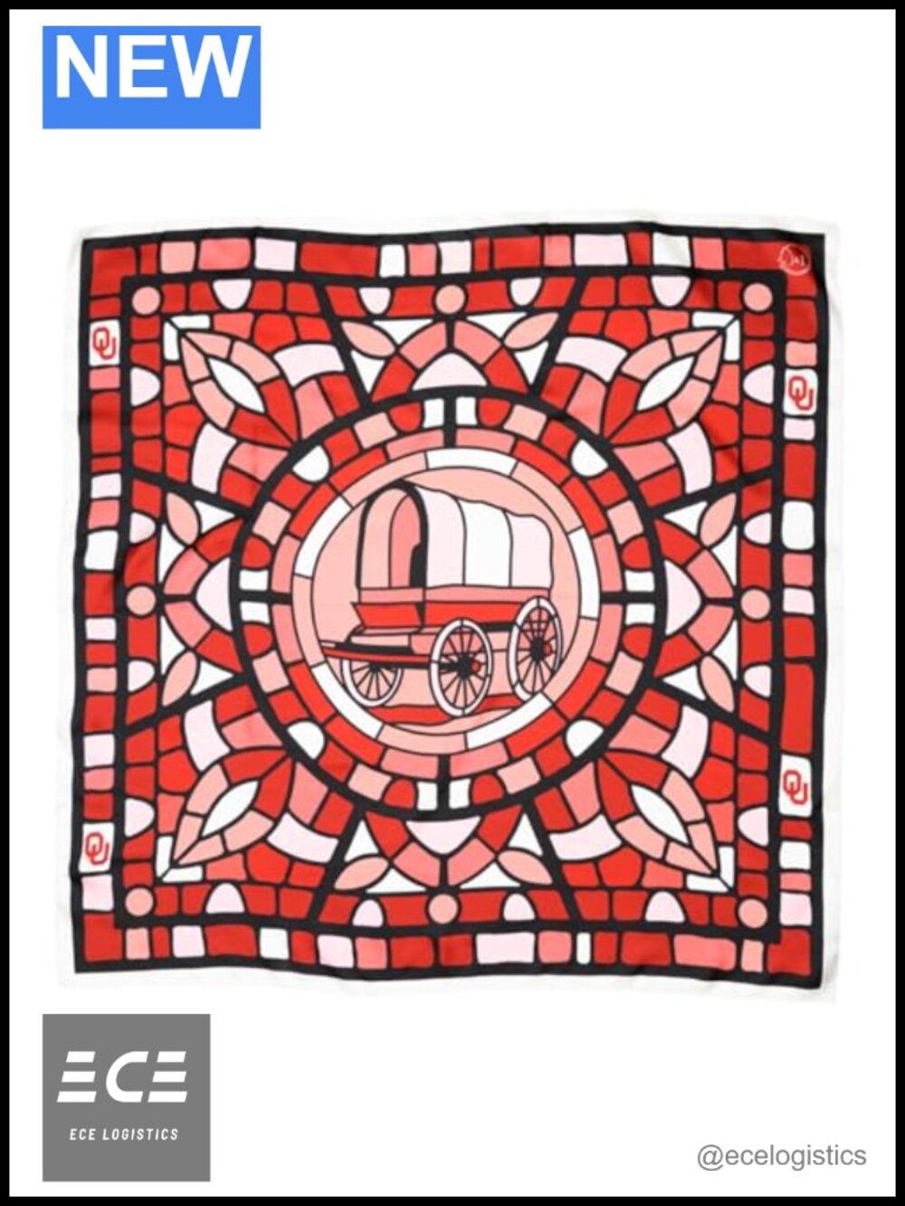100% Silk 34x34 Square Scarf University of Oklahoma Stain Glass Design